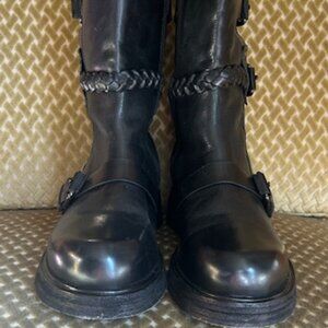 Free People Billie Buckle Braided Trim Black Leather Suede Moto Boots NEW
